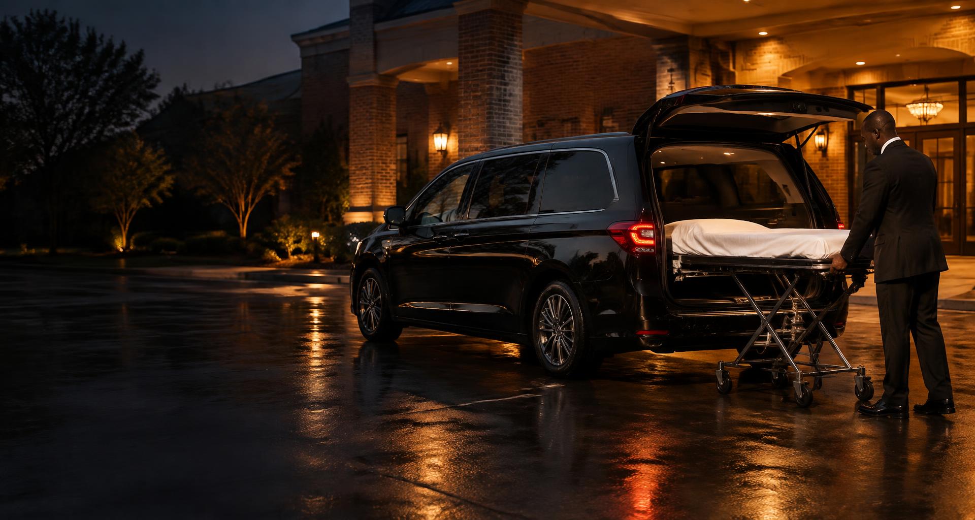 Professional mortuary transporter guiding a stretcher into a black transport vehicle