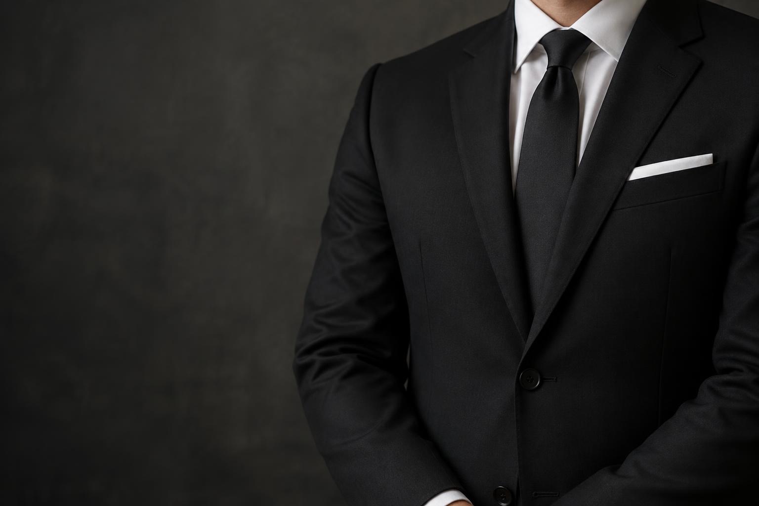 Tailored black suit and white pocket square